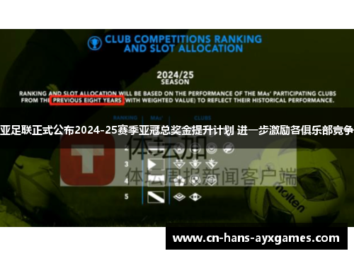 亚足联正式公布2024-25赛季亚冠总奖金提升计划 进一步激励各俱乐部竞争 亚足联正式公布2024-25赛季亚冠总奖金提升计划 进一步激励各俱乐部竞争