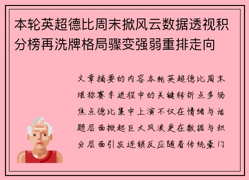 本轮英超德比周末掀风云数据透视积分榜再洗牌格局骤变强弱重排走向